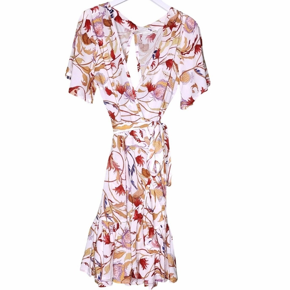 Palma Australia Wrap Floral Mini Dress V-Neck Short Sleeve Ruffle Tropical S